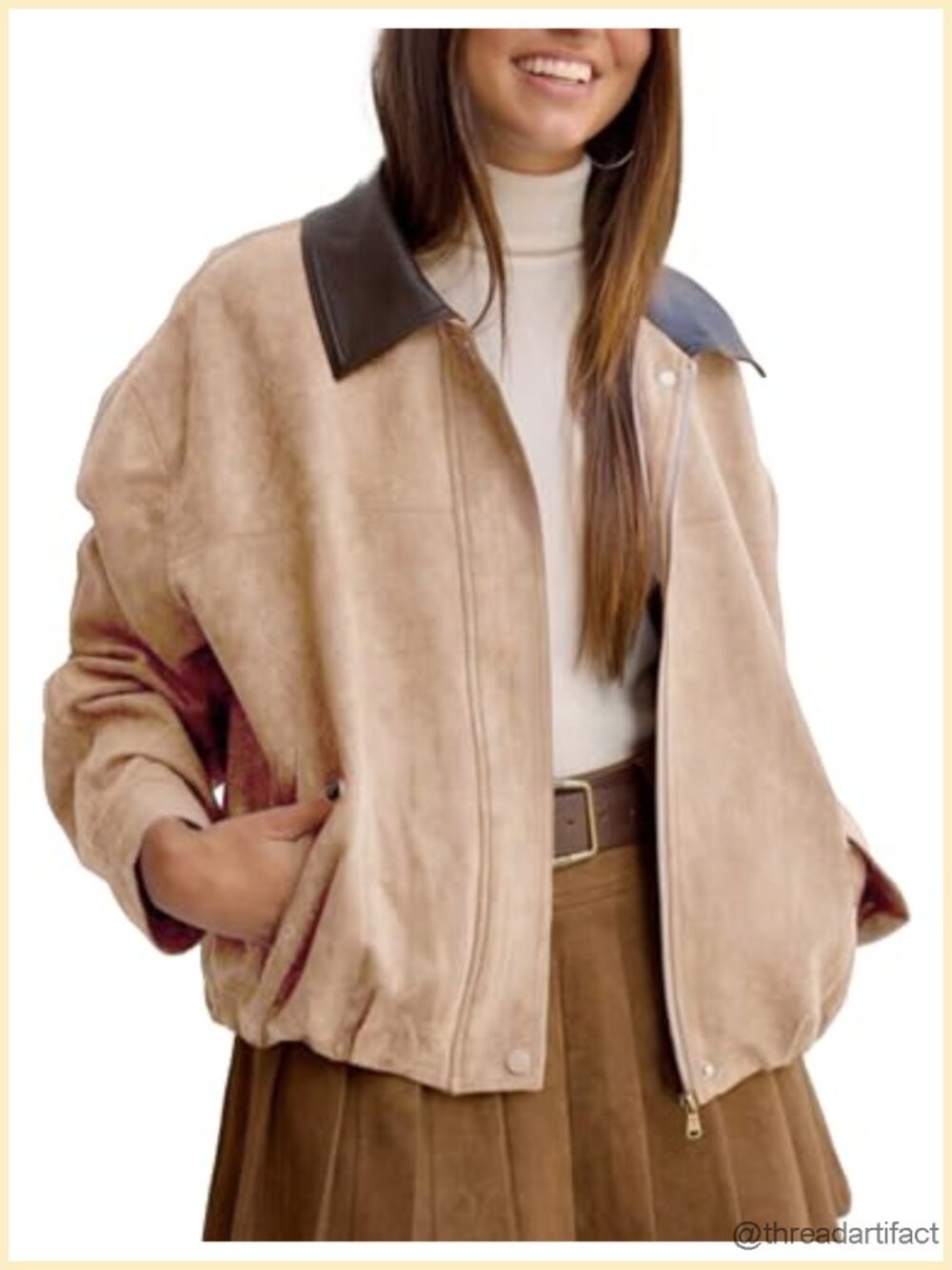 Faux Suede Bomber Jacket Cropped Oversized Motorcycle Zip Up Outerwear